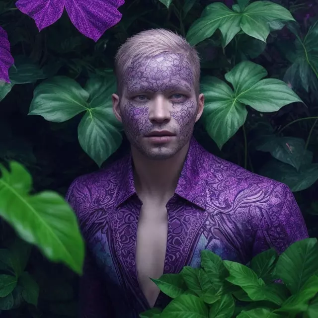 Albino man in purple suit with purple paint spots